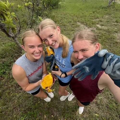 Three female student volunteers from Sheldon, Iowa, smile together during a break from farm restoration work, experiencing the beauty of local agricultural immersion.
